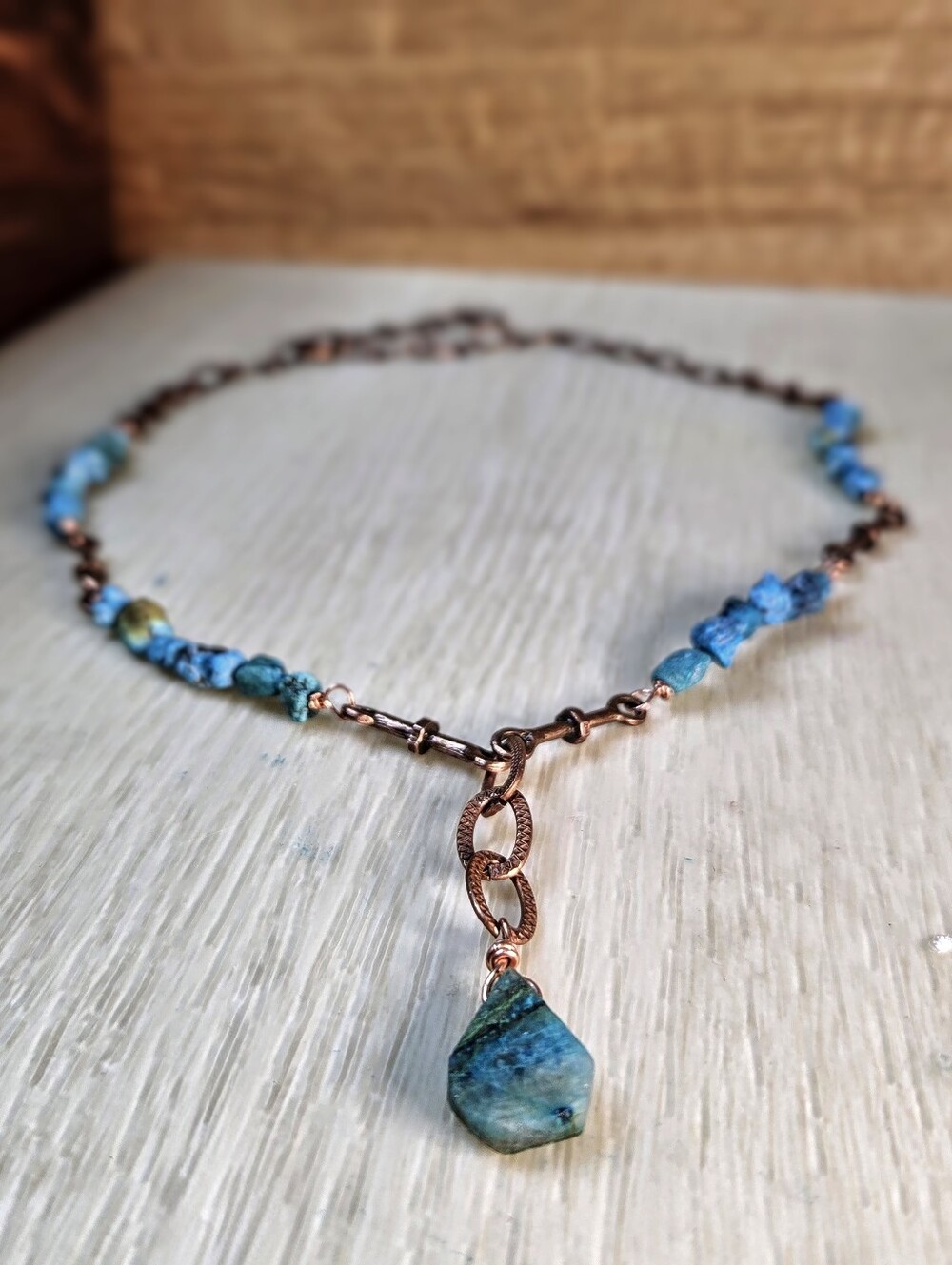 Genuine Blue Turquoise Chips In Industrial Vibe Antique Copper Artisan Necklace - Picture 9 of 9